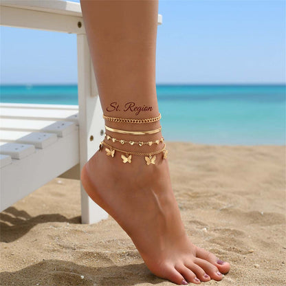 Goldtone Heart Station Butterfly Tassel Chain Anklet Set
