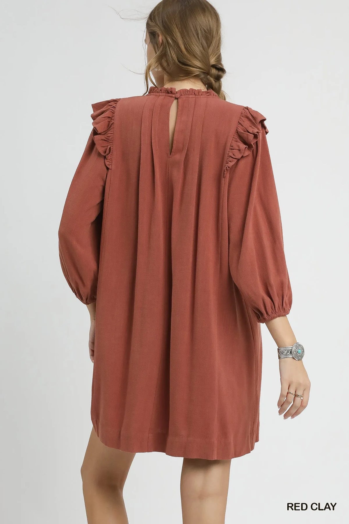 Umgee Linen Ruffle Shoulder Pleated Babydoll Dress