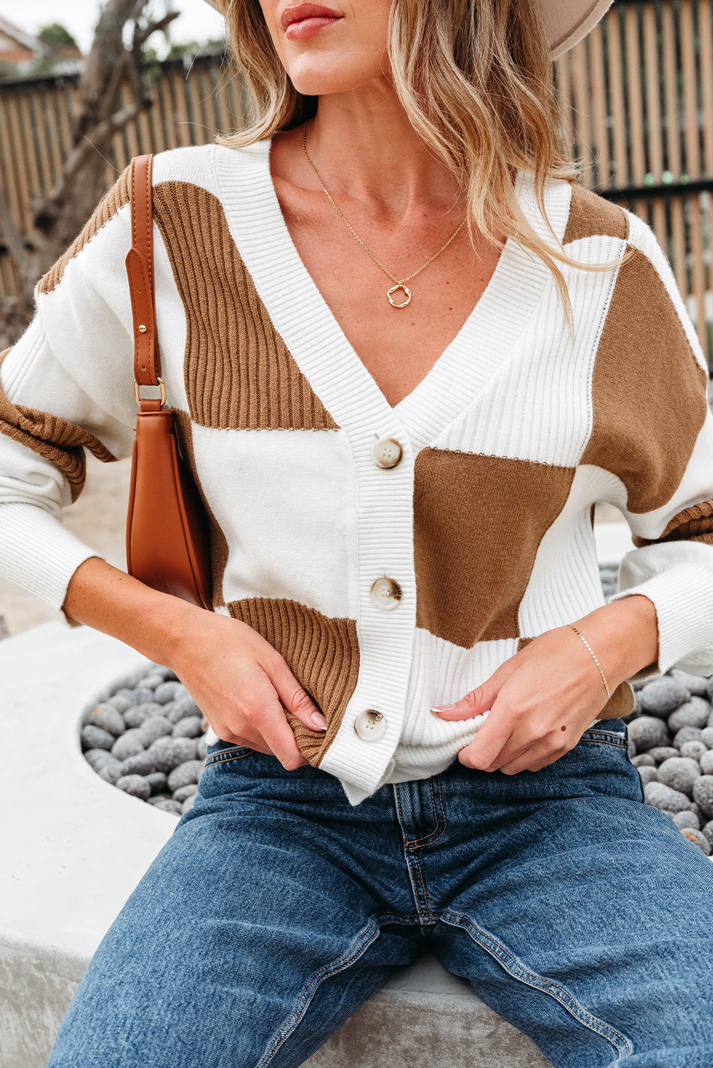 Threaded Pear Julia Checkered Button Sweater Cardigan