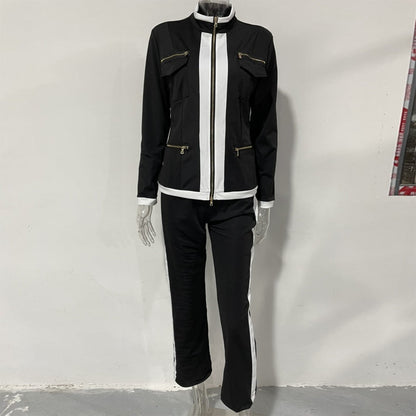Women's Gold-Zip Contrast Trim Tracksuit Set – Fitted Jacket & Slim Flare Pants