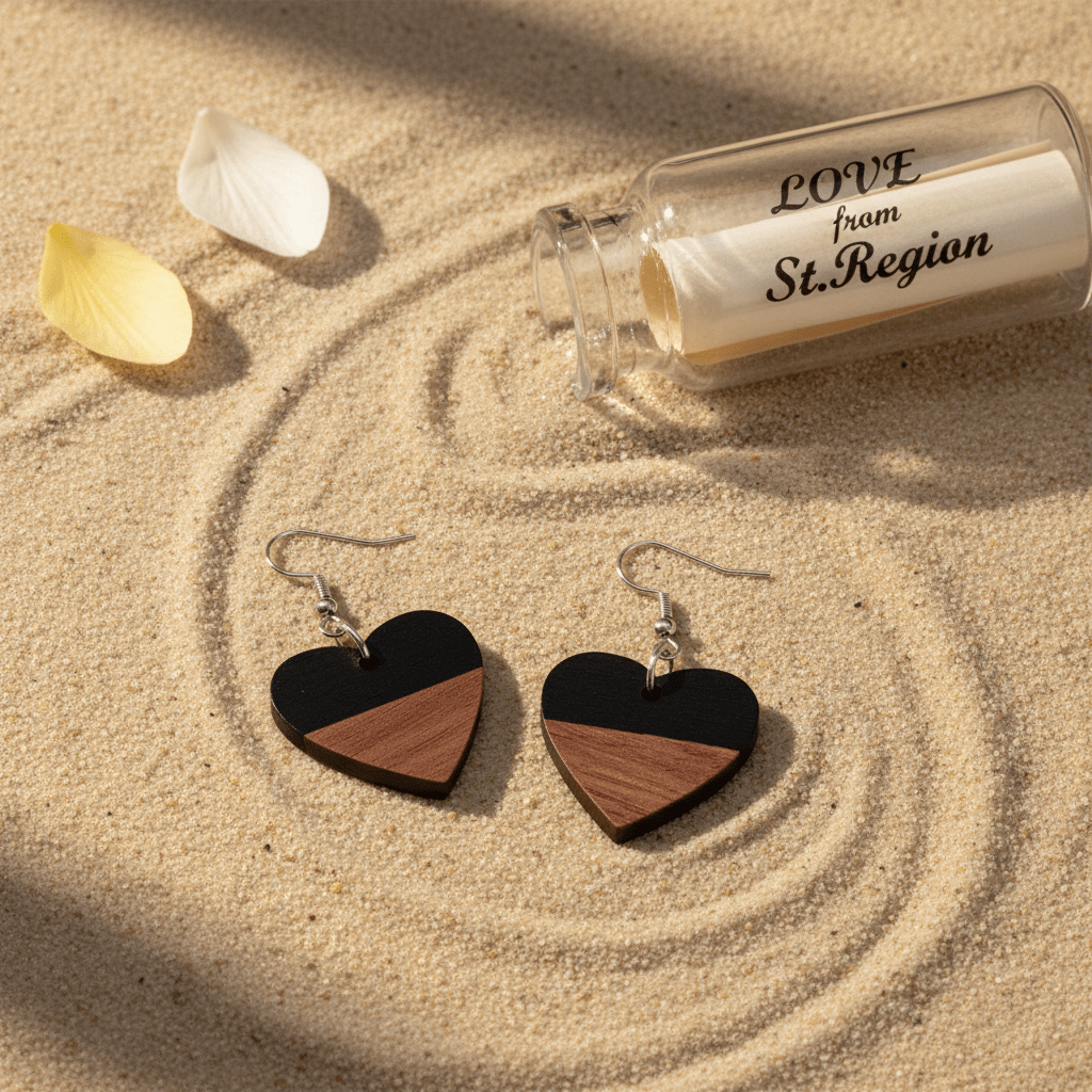 Black Resin & Wood Silvertone Heart Hook Earrings