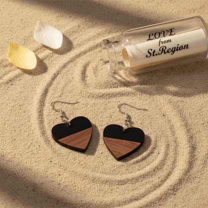 Black Resin & Wood Silvertone Heart Hook Earrings
