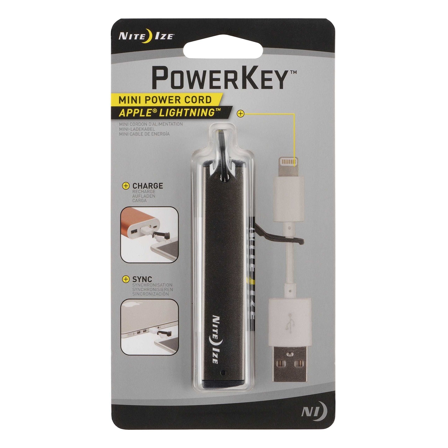 Nite Ize Powerkey Mini Power Cord - 3" Portable Apple Lightning Cord with Protective Key Chain Case - Black