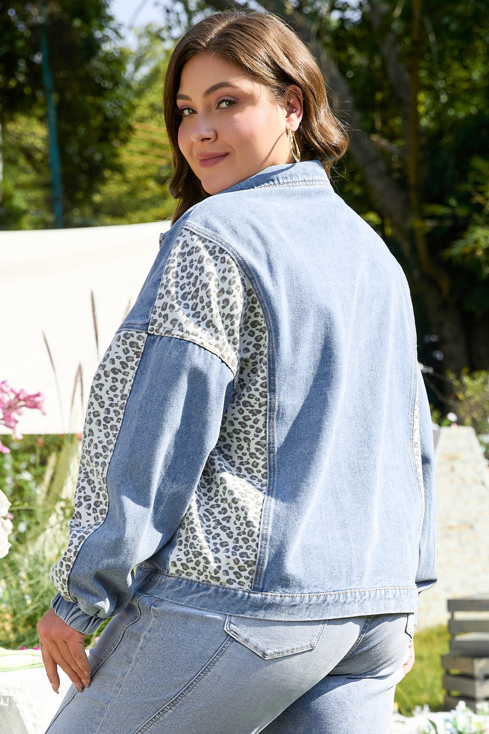 Threaded Pear Miriam Plus Size Leopard Patchwork Denim Jacket
