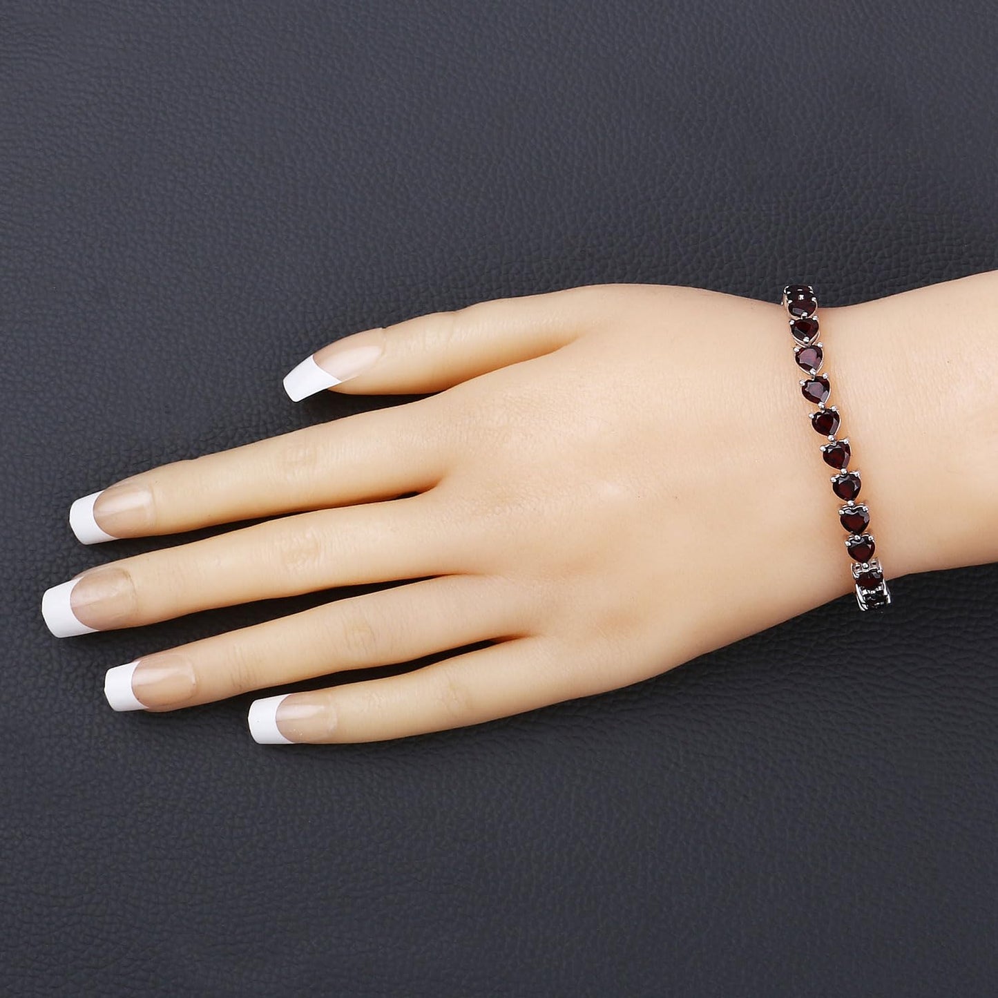15.50 Ct Heart Red Garnet Prong Sterling Silver Box Clasp Tennis Bracelet