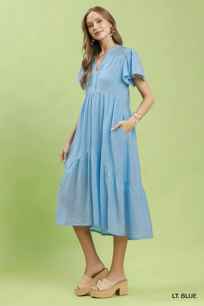 Umgee Textured Tiered Midi Dress with Side Pockets
