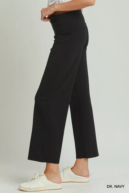 Umgee Cotton Viscose Folded Waistband Straight Leg Pants