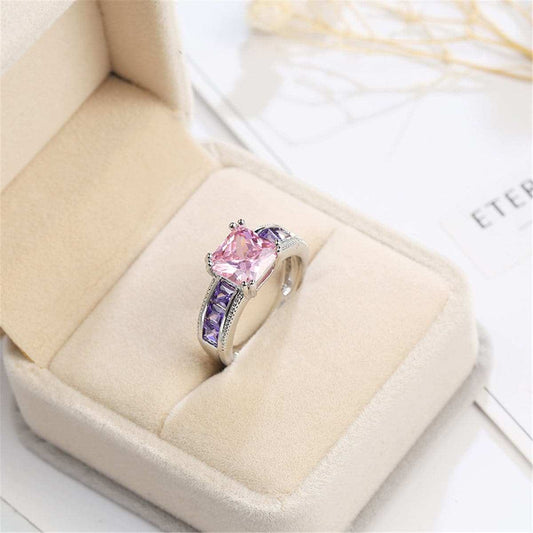 Pink & Purple Crystal & Silvertone Cushion-Cut Ring