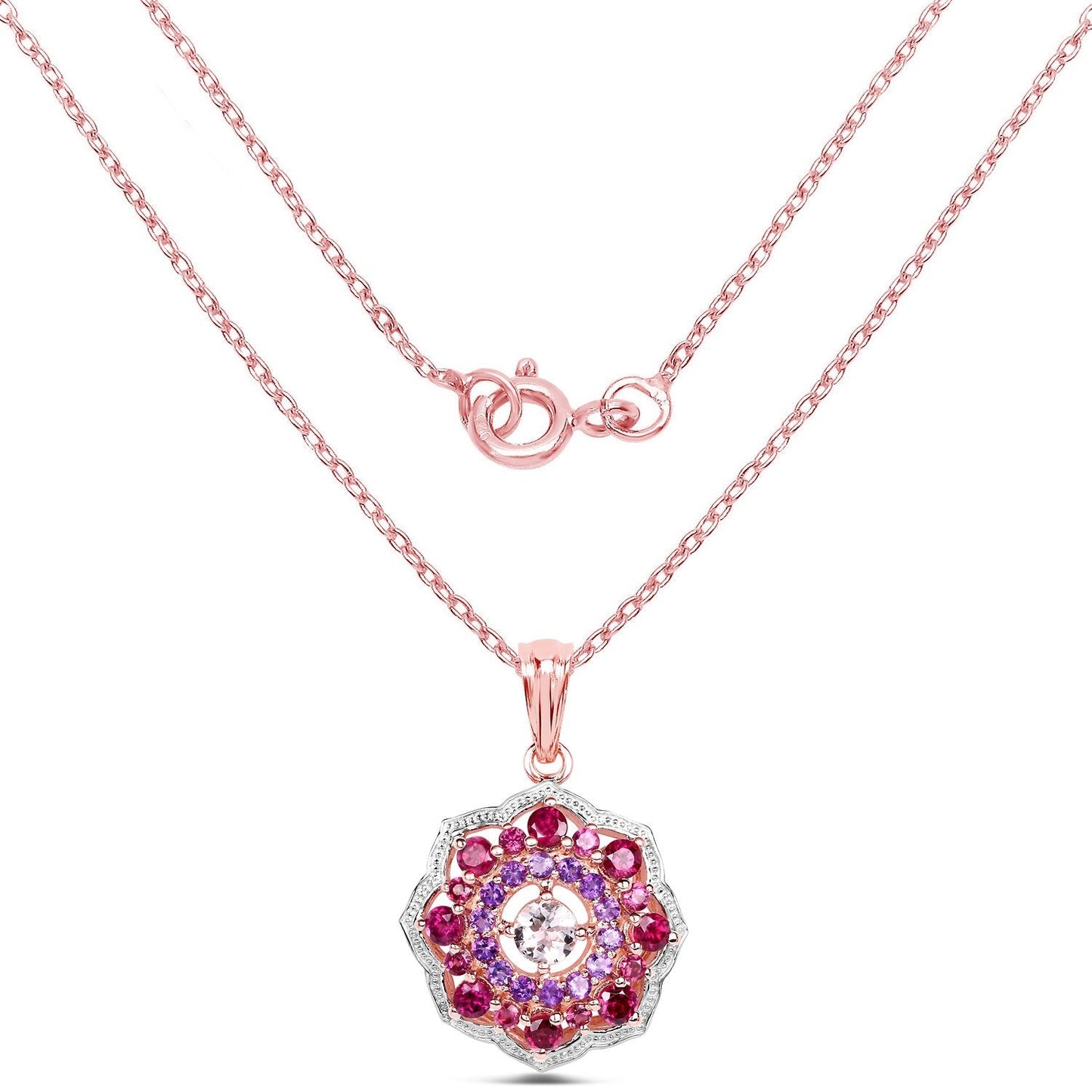 Rhodolite Garnet & Amethyst Prong Rose Gold Plated Silver Cluster Pendant Necklace