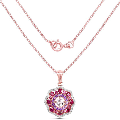 Rhodolite Garnet & Amethyst Prong Rose Gold Plated Silver Cluster Pendant Necklace