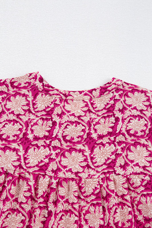 Threaded Pear Pink Floral Print Split Neck Pleated Puff Sleeve Blouse