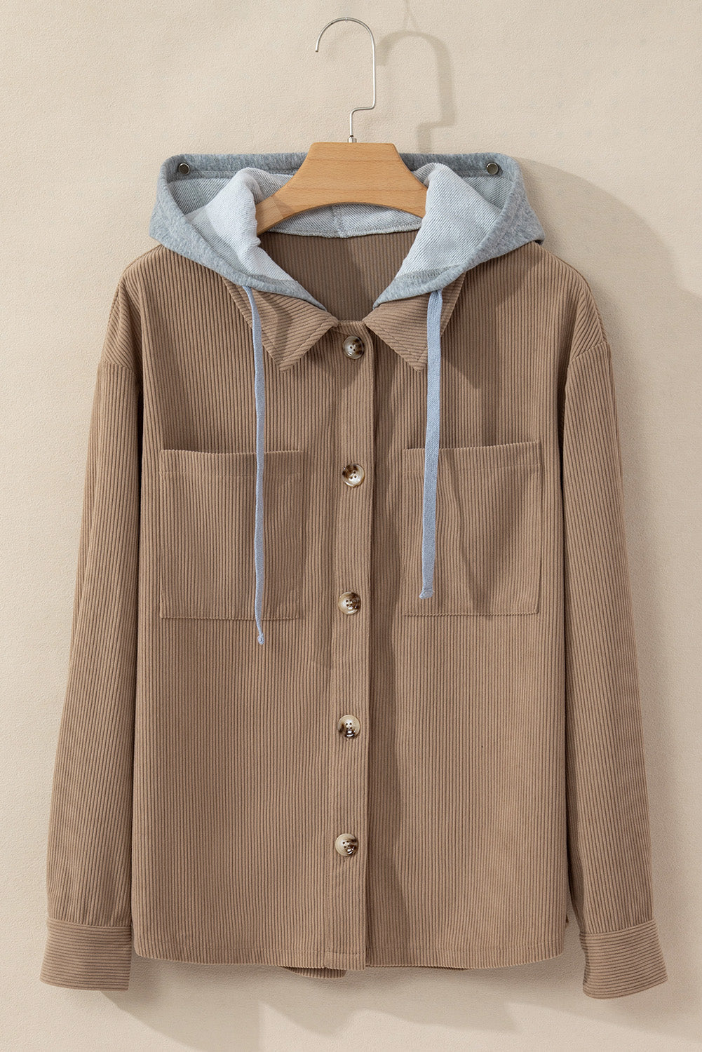 Threaded Pear Isabella Hooded Drawstring Corduroy Shacket