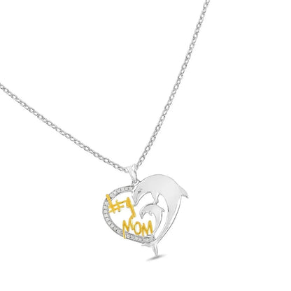 Round White Diamond Mom Heart Charm Necklace