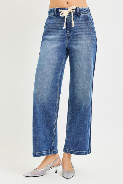 RISEN Elastic Band High Rise Cropped Wide Jeans
