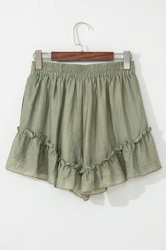 Threaded Pear Laurel Green Textured Tie Waist Ruffle Hem Shorts