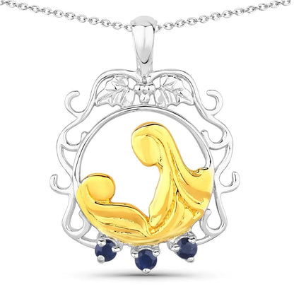 Round Blue Sapphire Prong Silver Pendant Necklace