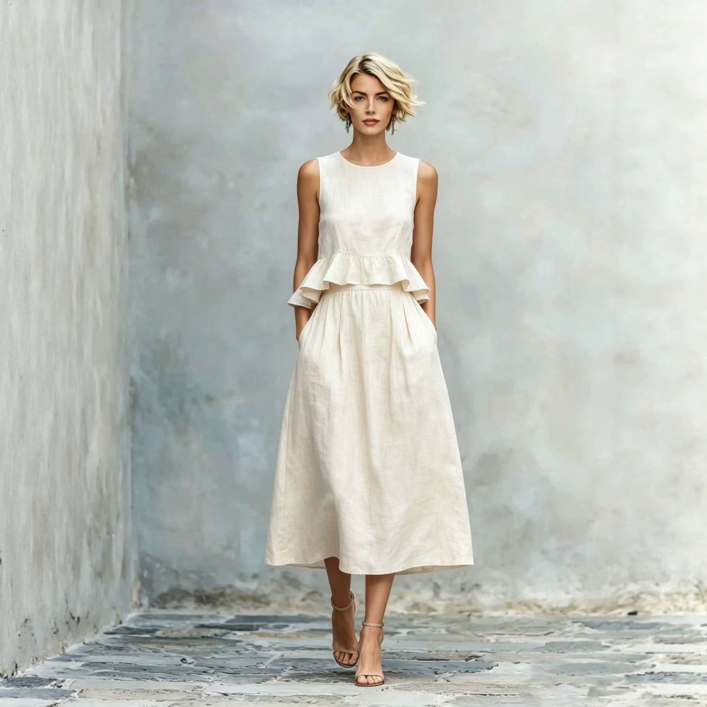 Women's Sleeveless High-Waist Ruffle Trim Maxi Dress