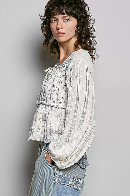 POL Square Neck Lace Long Balloon Sleeve Top