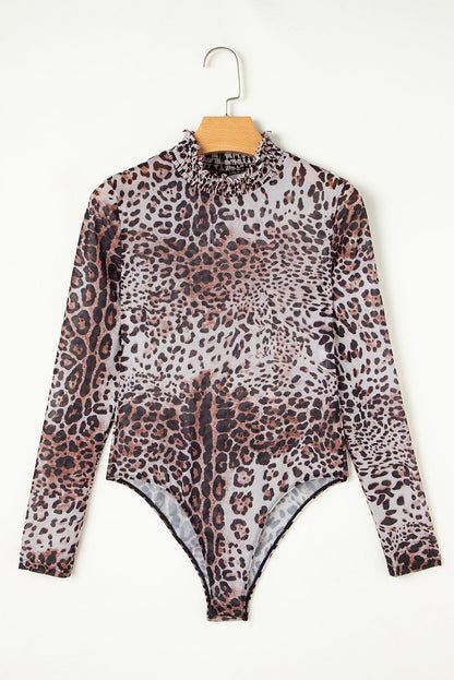 Threaded Pear Leopard Smocked Neck Mesh Long Sleeve Bodysuit