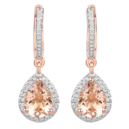 Pear Pink Morganite Prong Rose Gold Plated Silver Teardrop Dangle Earrings