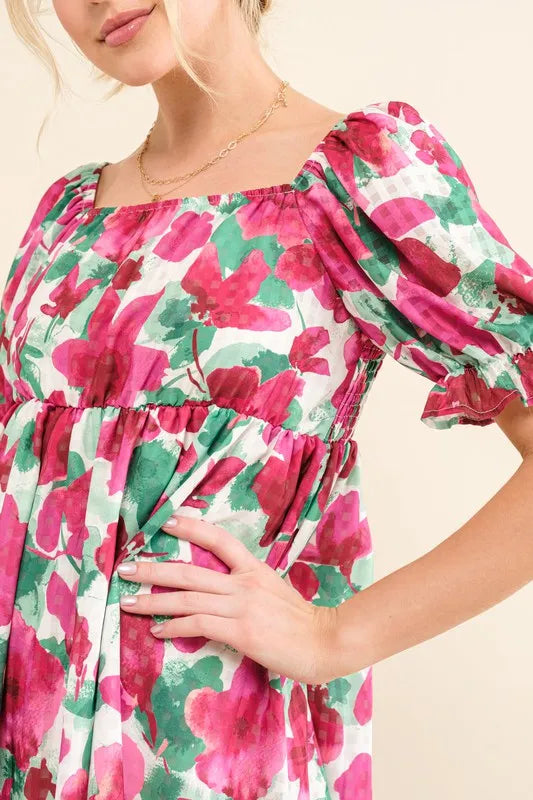 And The Why Smocked Floral Ruffle Short Sleeve Mini Dress