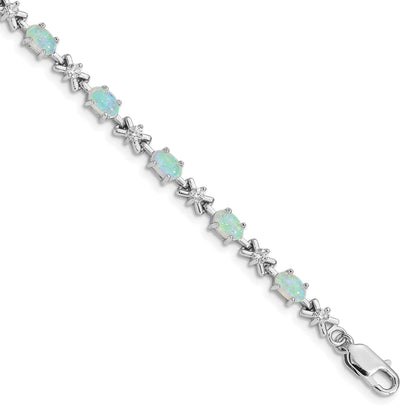 Oval White Created Opal & CZ Prong Sterling Silver X Link Bracelet