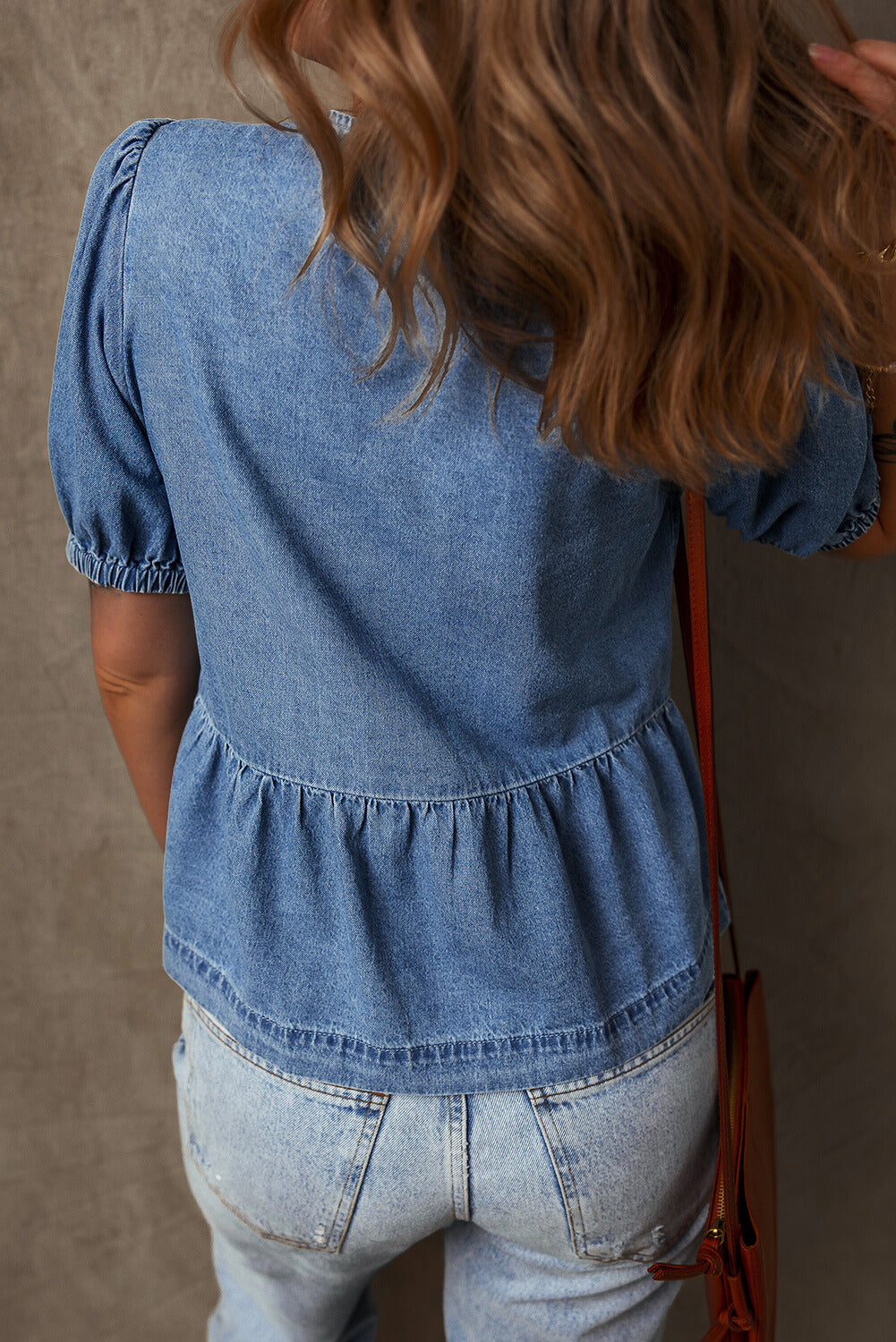 Threaded Pear Hope Tied Front Bubble Sleeve Peplum Denim Shirt