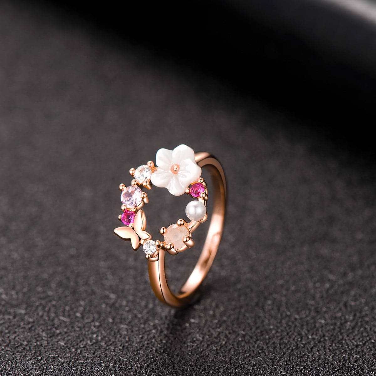 Opal & Pearl Rose Goldtone Floral Open-Circle Ring