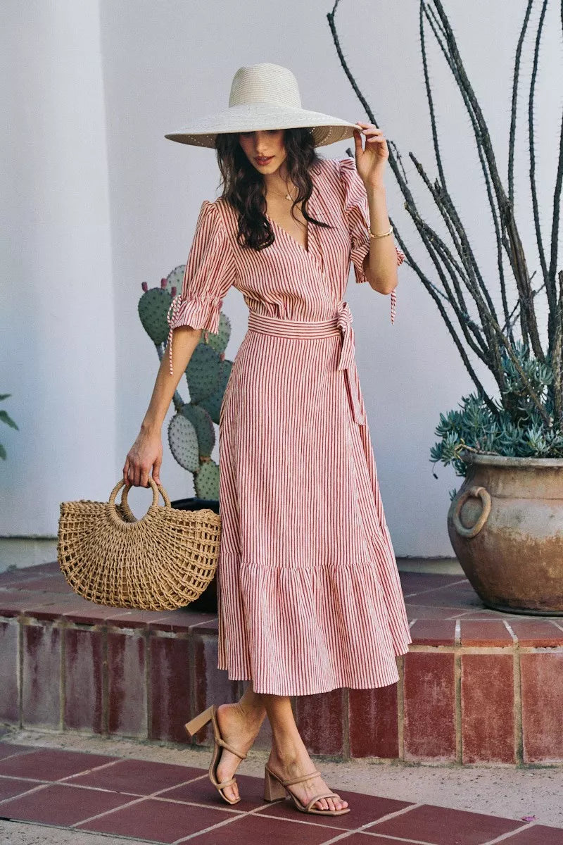 SO ME Stripe Textured Short Sleeves Lined Wrap Midi Dress