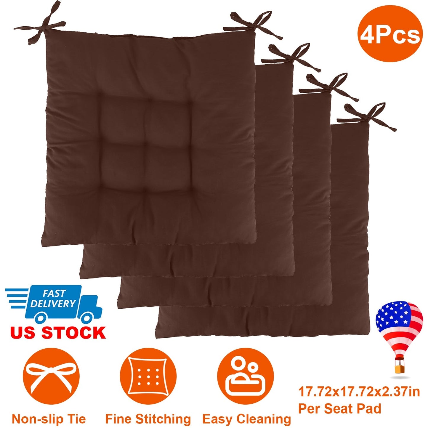 4Pcs Chair Cushion Pads Pillow 17.72x17.72x2.37in Soft Tie On Square Sitting Mats For Home Office Car Sitting Travel