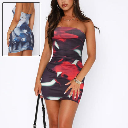 🌸 Women's Tube Top Printed Pleated Pullover Hip Wrap Short Dress