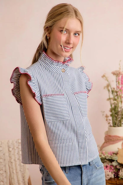 SO ME Stripe Twill Stitch Ruffled Hidden Button Vest Top