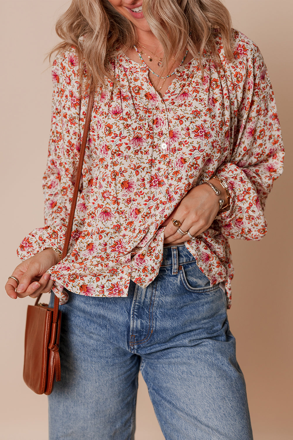 Threaded Pear Carter Notched Puff Sleeve Blouse