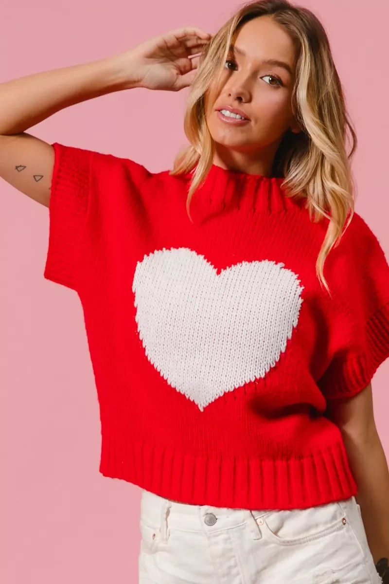BiBi Rib Banded Heart Pattern Valentines Sweater