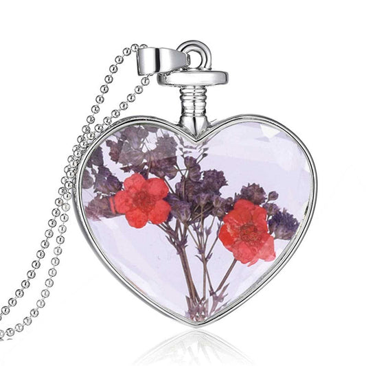 Red Pressed Peach Blossom & Silvertone Heart Pendant Necklace