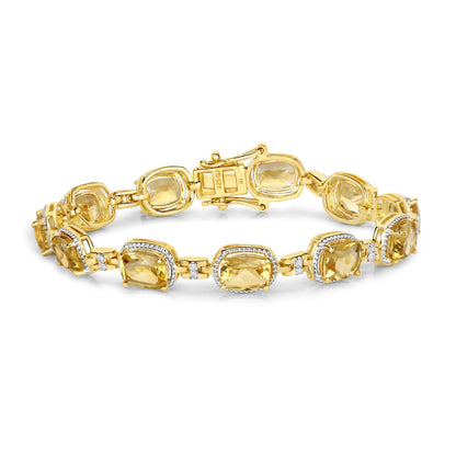 Cushion Yellow Citrine & Diamond Prong Silver Tennis Bracelet