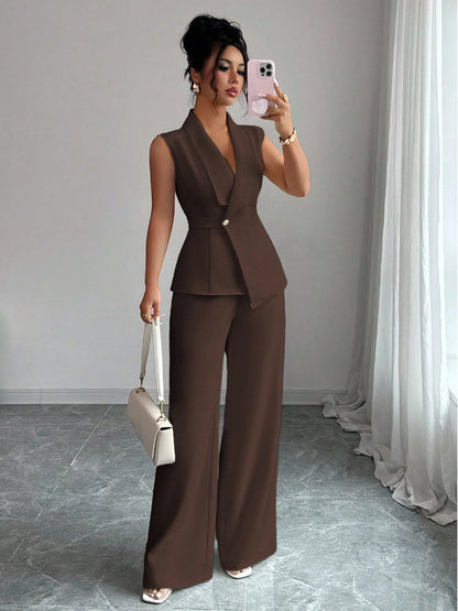 Women's Peplum Sleeveless Blazer & Wide-Leg Pants Two-Piece Set