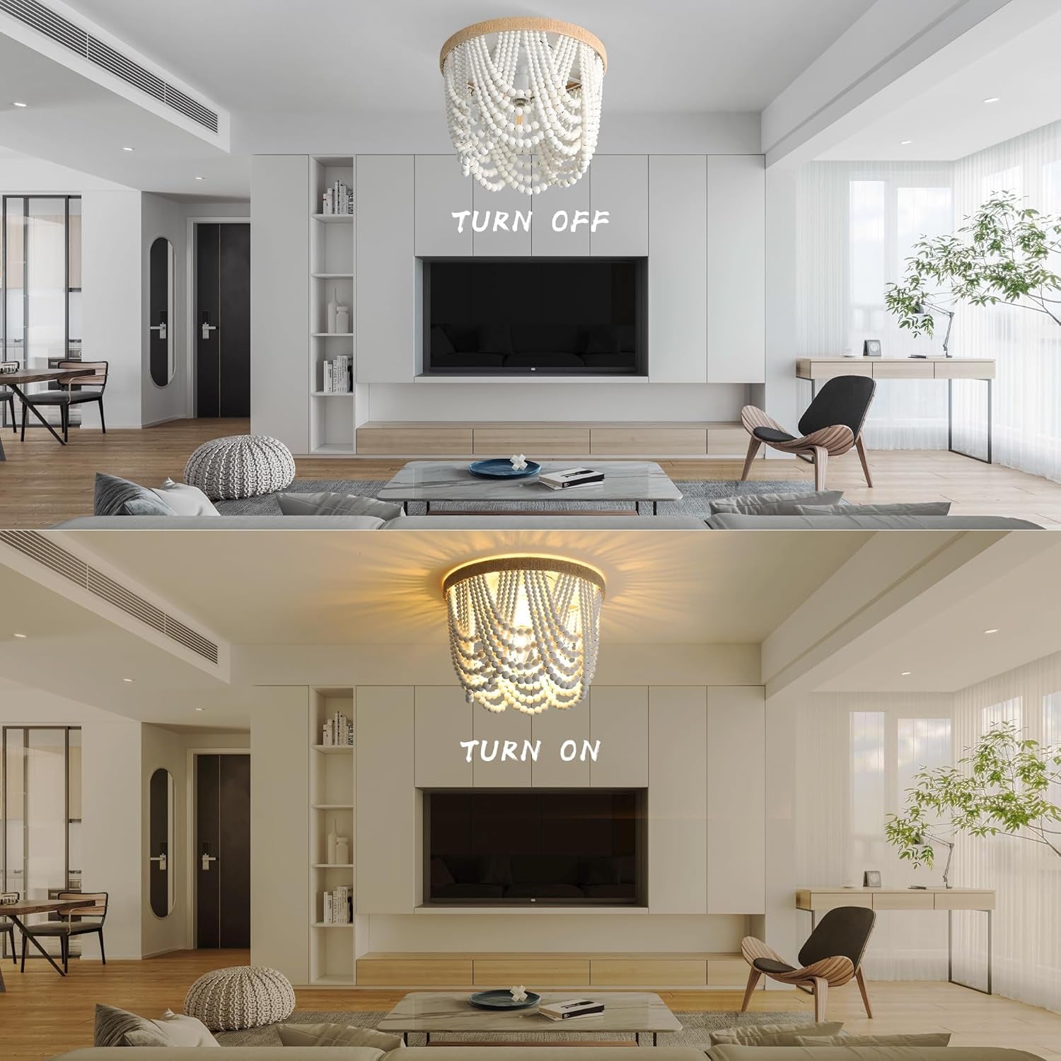 Bohemian Lighting Bohemian Chandelier Handmade Beaded Chandelier Bohemian Lighting Ceiling Beaded Lighting 3 Light Wood Bead Chandelier Nursery Lighting Bedroom Chandelier (White)