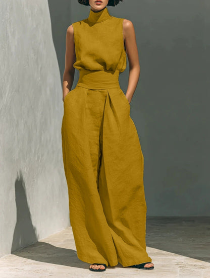 Women's Linen-Blend High-Neck Sleeveless Top & Wide-Leg Pants Set