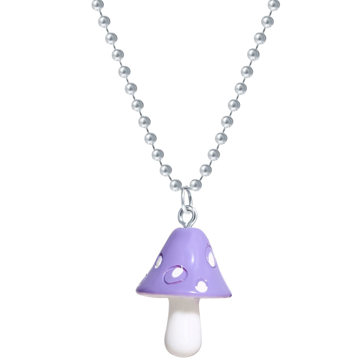 Purple Resin & Silvertone Ball Chain Mushroom Pendant Necklace