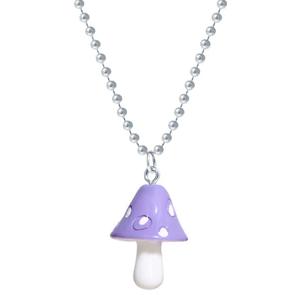 Purple Resin & Silvertone Ball Chain Mushroom Pendant Necklace