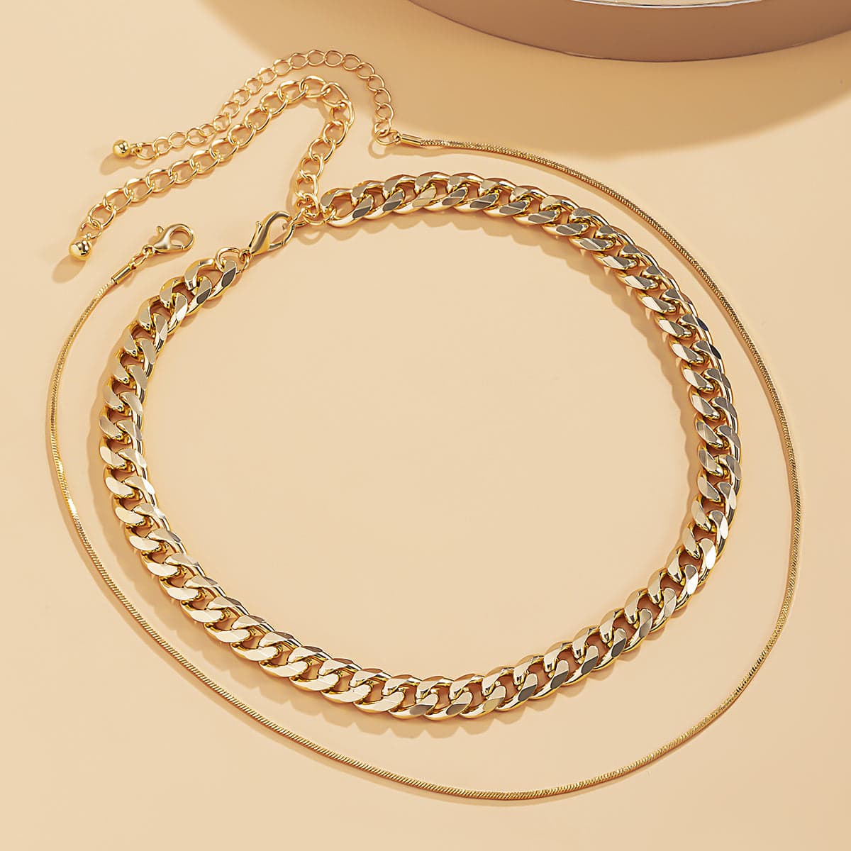 Goldtone Curb Chain Choker Necklace & Mini Herringbone Chain