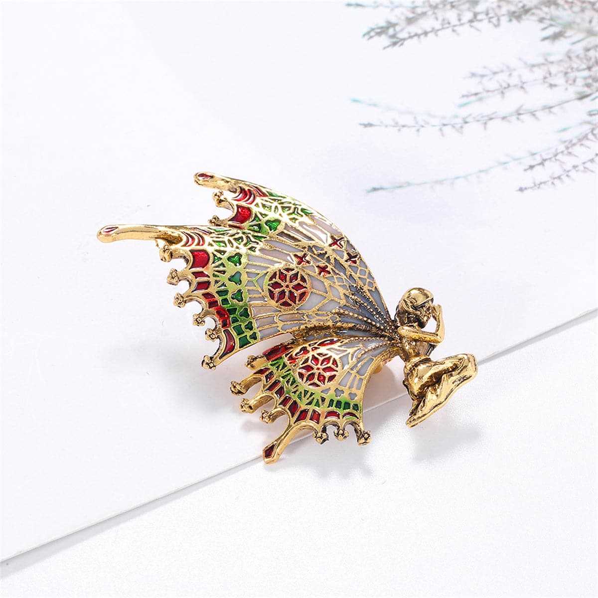Green Enamel & Goldtone Butterfly Fairy Brooch