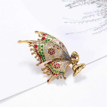 Green Enamel & Goldtone Butterfly Fairy Brooch
