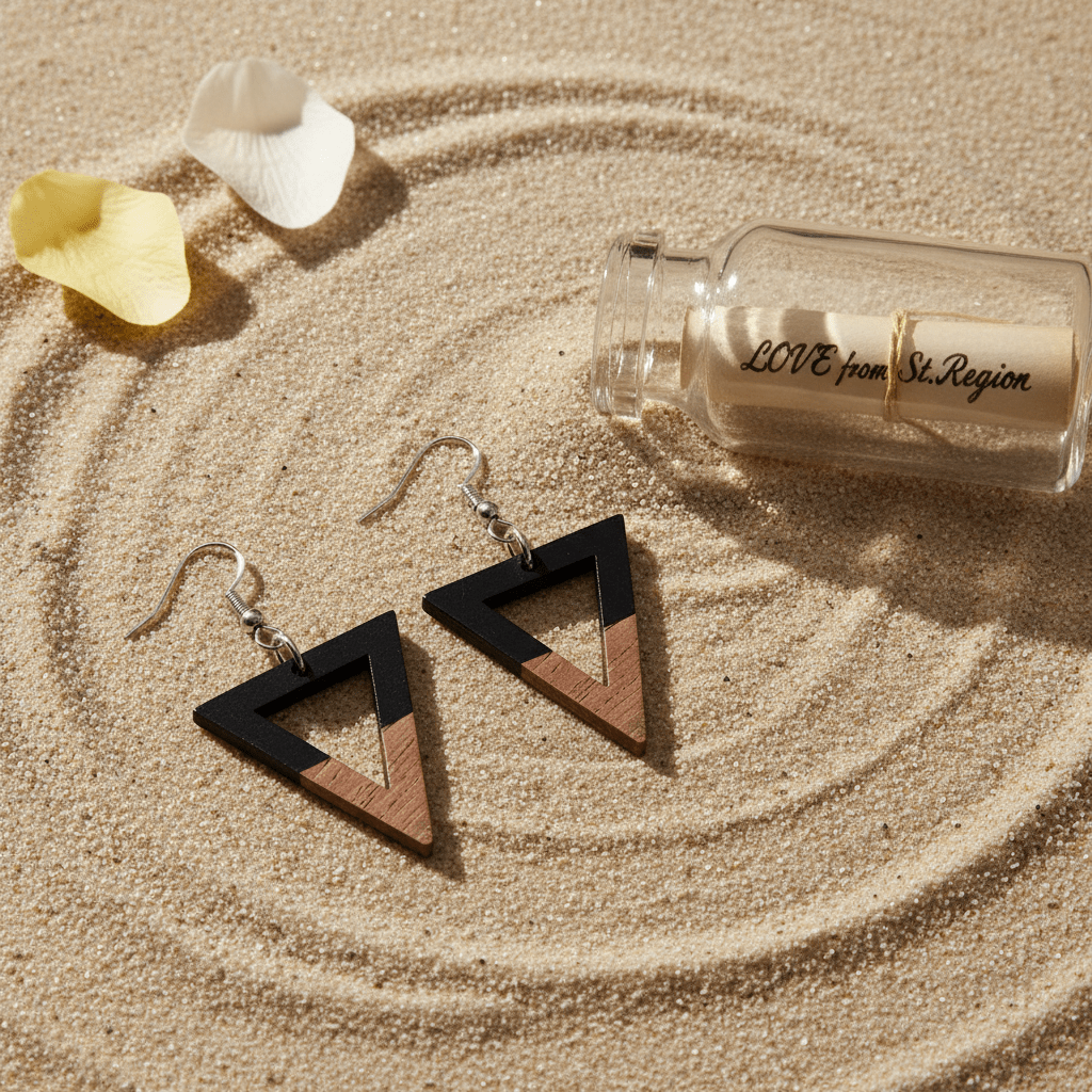 Black Resin & Wood Silvertone Open Triangle Hook Earrings