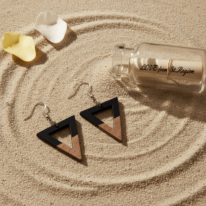 Black Resin & Wood Silvertone Open Triangle Hook Earrings
