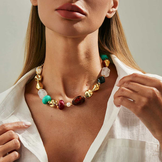 Multi-Colored Resin & Goldtone Irregular Beads Collar Necklace