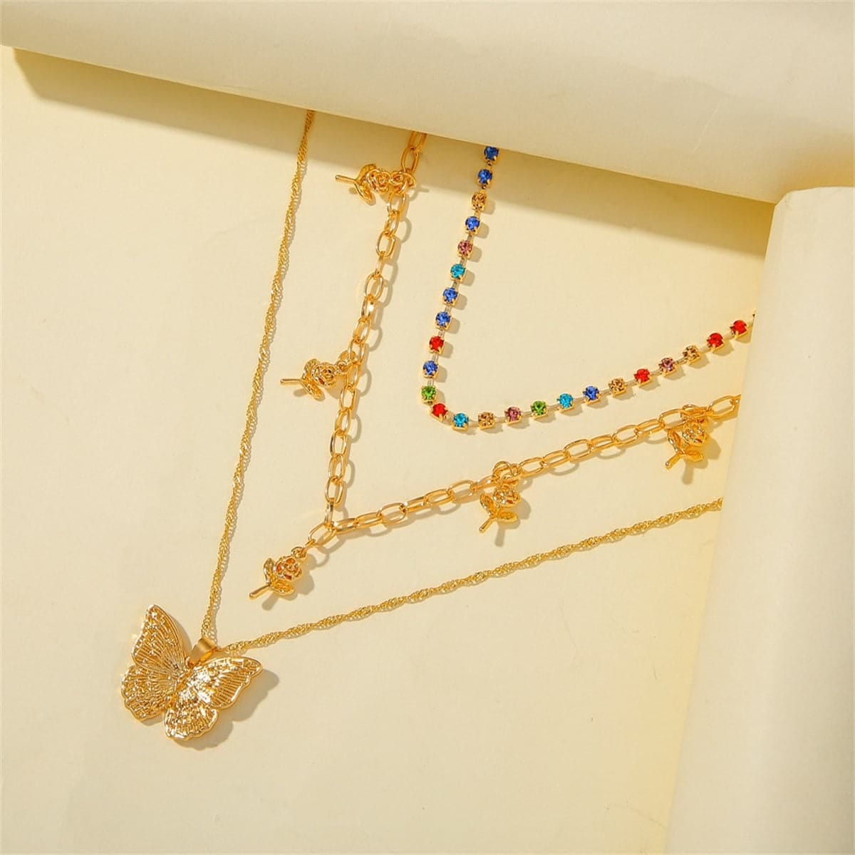 Cubic Zirconia & Goldtone Butterfly Layered Pendant Necklace-2