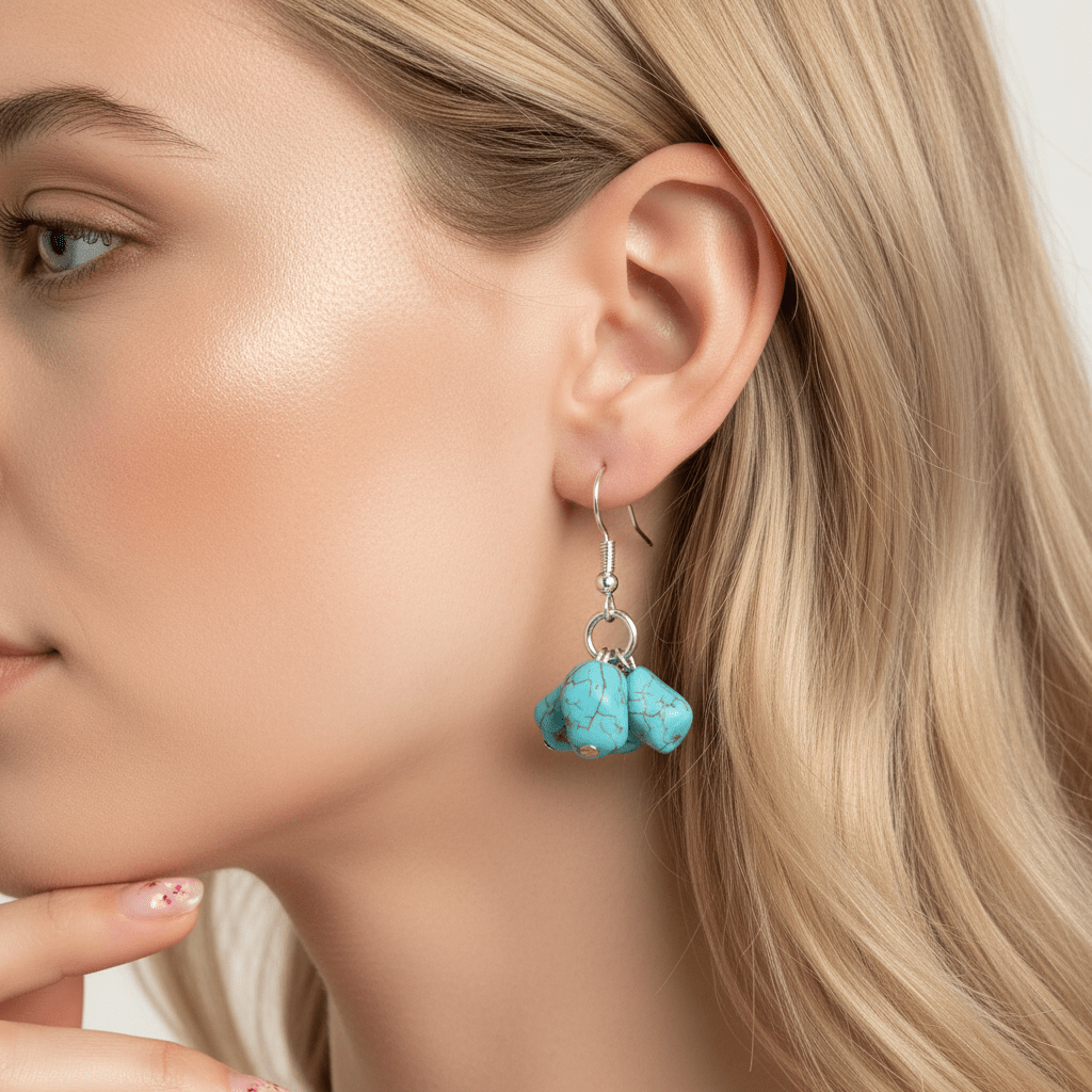 Turqouise & Silvertone Cube Cluster Hook Earrings