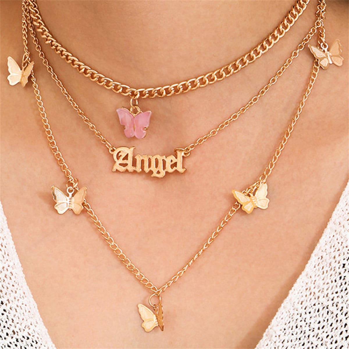 Pink Acrylic & Goldtone Butterfly 'Angel' Layer Pendant Necklace